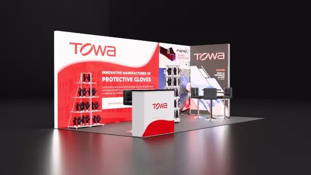 10×20 Corner Booth With Glove Display Shelves and Bar Seating