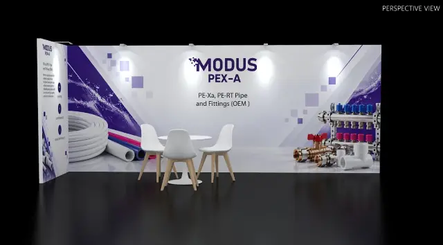10×20 Corner Booth With Graphic Wall and Meeting Table