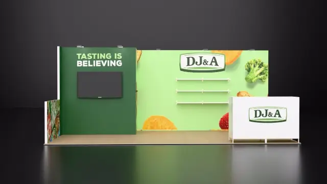 10×20 Corner Booth With Green Tower, Shelves and Hanging Banner
