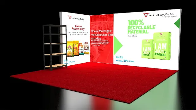 10×20 Corner Booth With L-Shaped Graphic Walls and Metal Shelving Unit