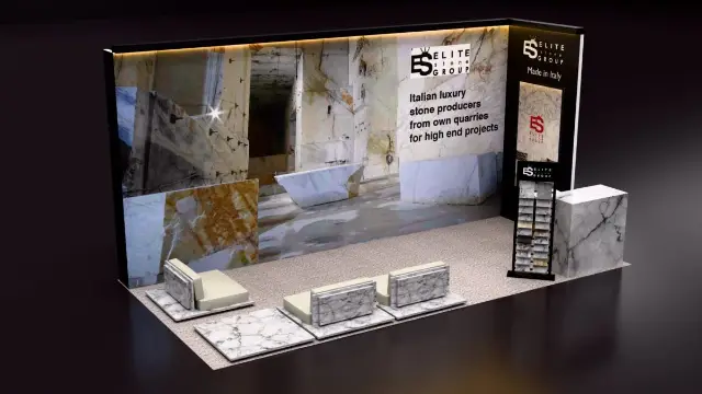 10×20 Corner Booth With Large Backlit Image Wall and Marble-Look Seating