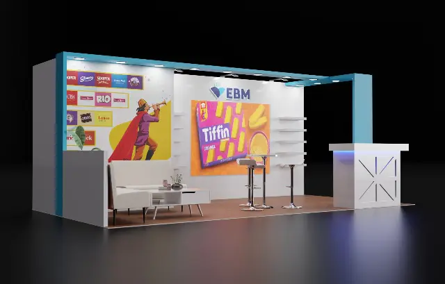 10×20 Corner Booth With Lounge Corner and Backlit Reception Counter
