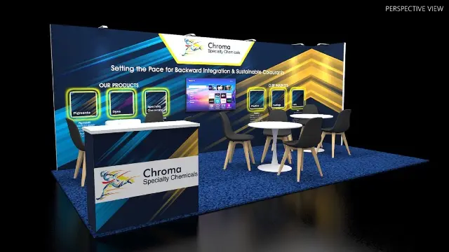 10×20 Corner Booth With Neon-Style Wall Graphics and Cafe Seating