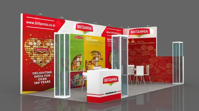 10×20 Corner Booth With Printed Walls and Glass Display Towers