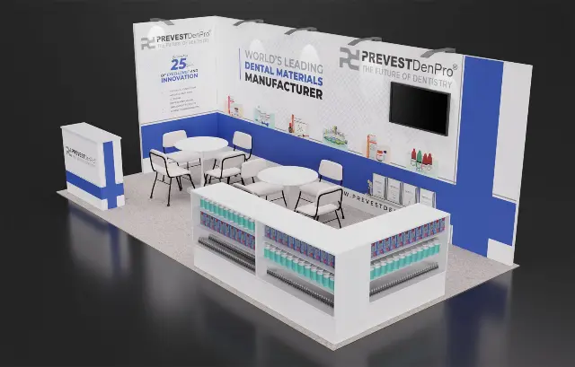 10×20 Corner Booth With Product Display Counters and TV Wall