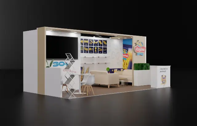 10×20 Corner Booth With Recessed-Light Header Frame and Sofa Lounge