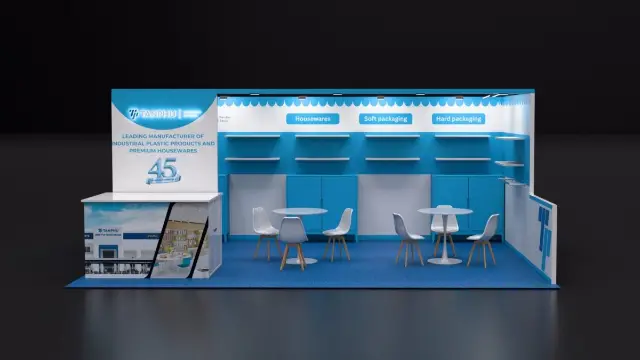 10×20 Corner Booth With Shelved Back Wall and Seating