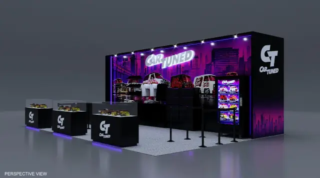 10×20 Corner Booth With Three Display Cases and Light-Up Kiosk