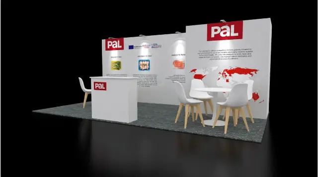 10×20 Corner Booth With Tower Wall and Two Meeting Tables