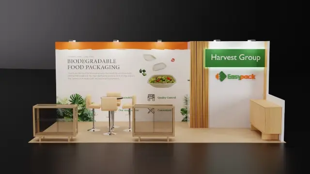 10×20 Corner Booth With Wood Slat Feature and Glass Display Cases
