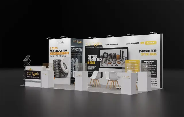 10×20 Inline Booth With Acrylic-Topped Display Pedestals and Graphic Tower