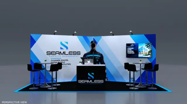 10×20 Inline Booth With Angled Graphic Wall and Blue LED Floor Edge