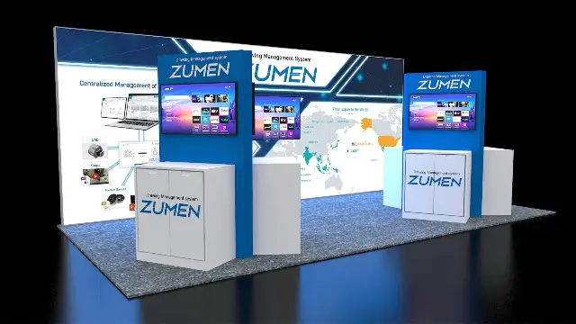 10×20 Inline Booth With Backlit Back Wall and Twin TV Demo Kiosks