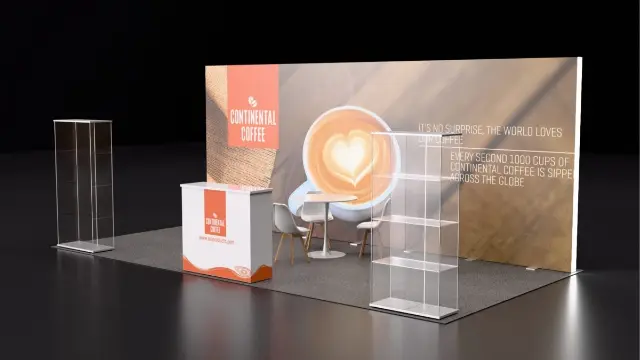 10×20 Inline Booth With Backlit Fabric Wall and Glass Display Cases