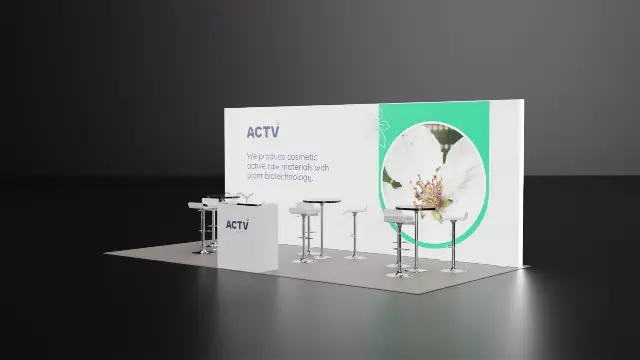 10×20 Inline Booth With Backlit Graphic Wall and Three Bar Tables