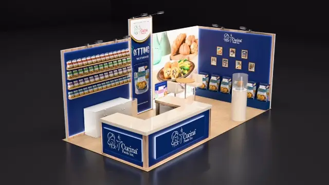 10×20 Inline Booth With Backlit L-Shaped Counter and Product Wall