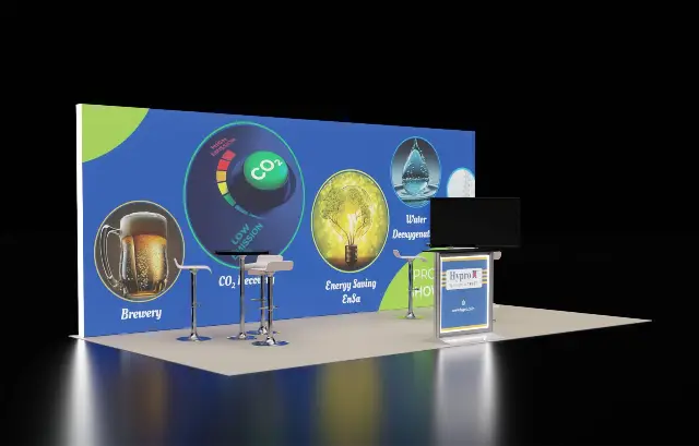 10×20 Inline Booth With Backlit Wall and TV Kiosk Counter