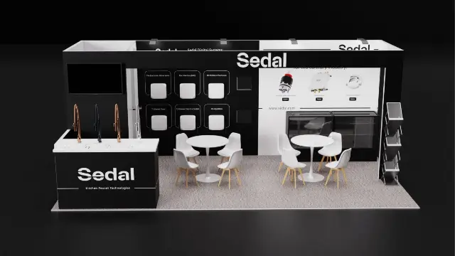 10×20 Inline Booth With Black Header Frame and Faucet Display Counter
