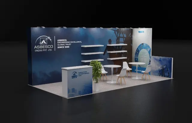 10×20 Inline Booth With Blue Graphic Wall and Six Floating Shelves