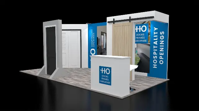 10×20 Inline Booth With Built Door Mockups and Sliding Barn Door Header
