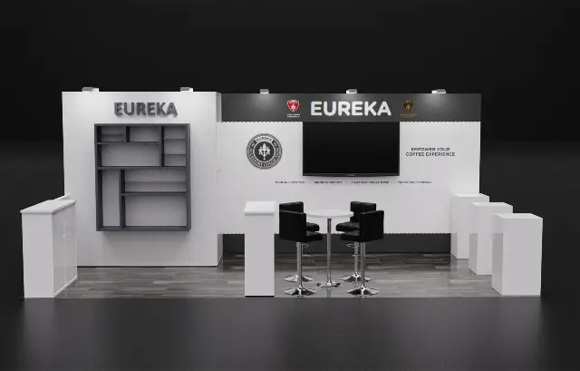 10×20 Inline Booth With Built-In Display Shelving and Large TV