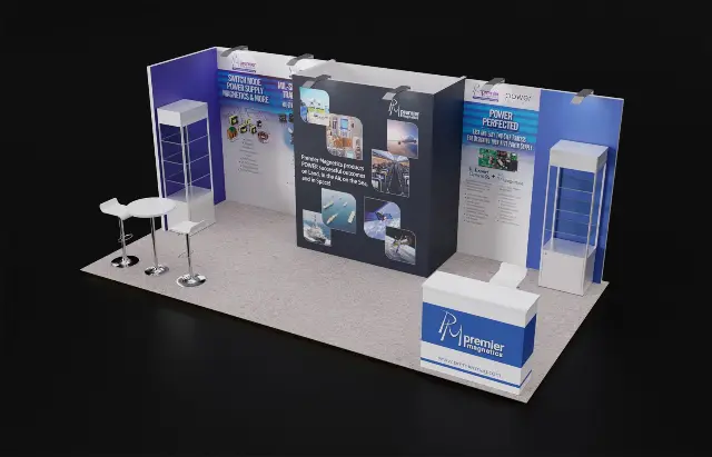 10×20 Inline Booth With Center Graphic Tower and Glass Showcases