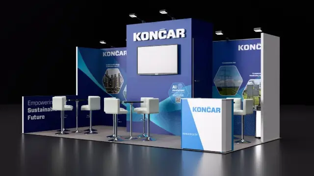 10×20 Inline Booth With Center Tower With TV and Bar-Height Seating