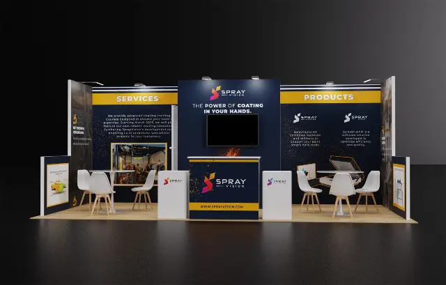 10×20 Inline Booth With Center TV Tower and Two Meeting Tables