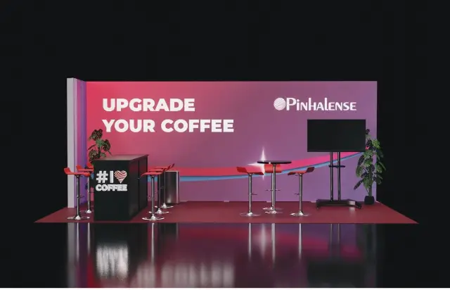 10×20 Inline Booth With Coffee Bar Counter and Printed Wall