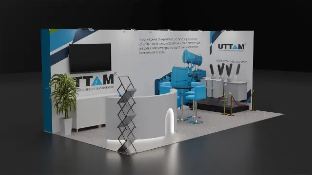 10×20 Inline Booth With Curved Backlit Counter and Equipment Display Platform