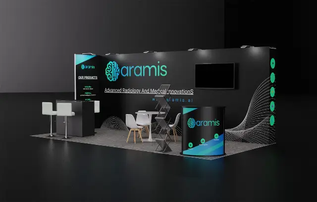10×20 Inline Booth With Curved Counter and Wall-Mounted TV