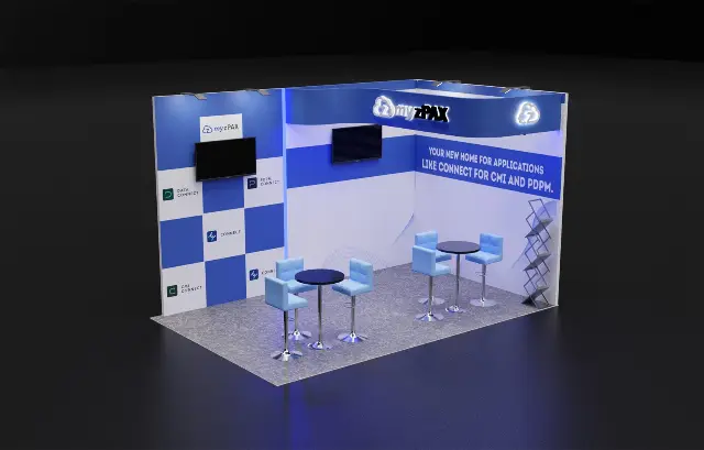 10×20 Corner Booth With Curved Header and Illuminated Logo