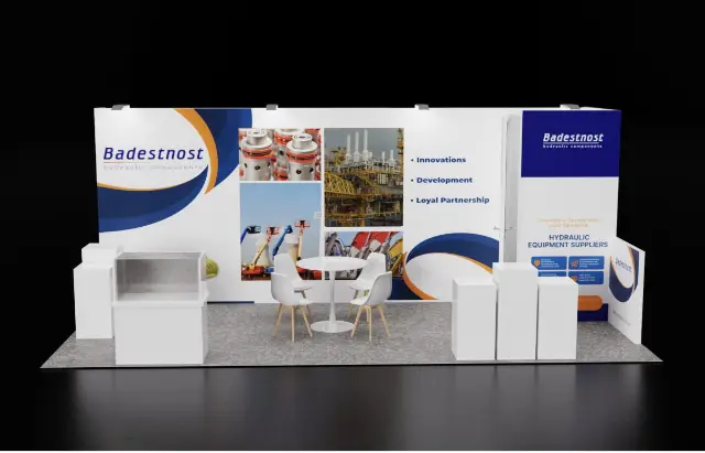 10×20 Inline Booth With Display Counter and Six Product Pedestals