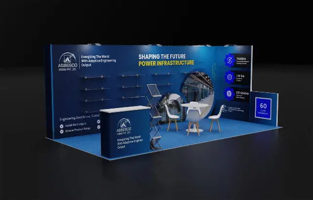 10×20 Inline Booth With Floating Glass Shelves and Circular Graphic Cutout