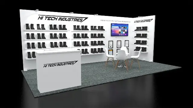 10×20 Inline Booth With Floating Product Shelves and Certificate Display