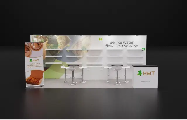 10×20 Inline Booth With Floating Shelf Wall and Counter