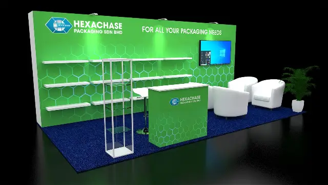 10×20 Inline Booth With Floating Shelf Wall and Tub Chair Lounge