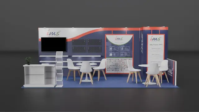 10×20 Inline Booth With Floating Shelves and Display Showcase