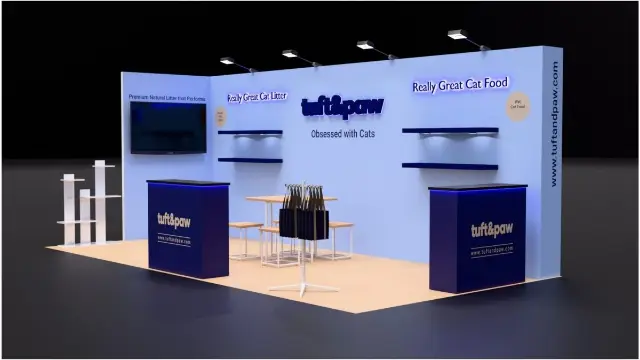 10×20 Inline Booth With Floating Shelves and Two Counters