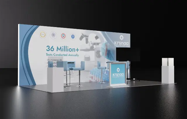 10×20 Inline Booth With Framed Logo Podium and Bar-Height Seating