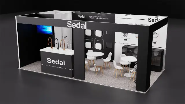 10×20 Inline Booth With Front Header Frame and Live Faucet Demo Counter