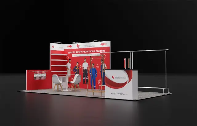 10×20 Inline Booth With Garment Racks and Wall Shelves