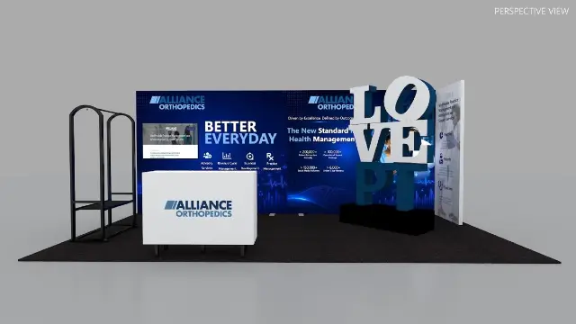 10×20 Inline Booth With Giant Letter Sculpture and Black Arch