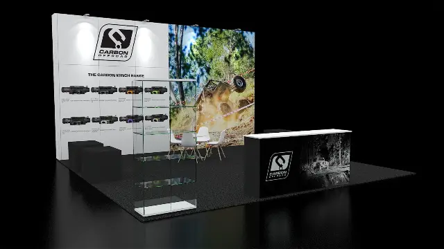 10×20 Inline Booth With Glass Display Tower and Graphic Counter
