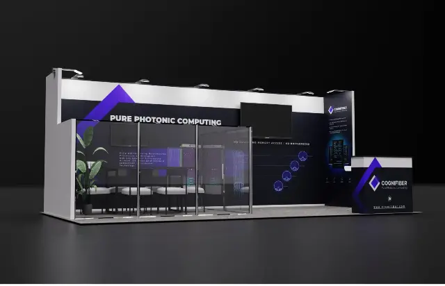 10×20 Inline Booth With Glass Meeting Room and Two Wall TVs