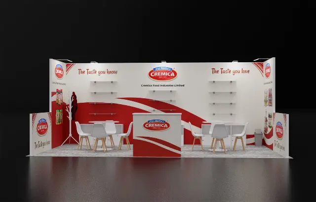10×20 Inline Booth With Glass Product Shelves and Two Meeting Tables