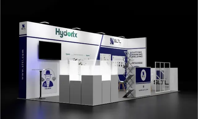10×20 Inline Booth With Glass-Top Pedestals and Wall TV