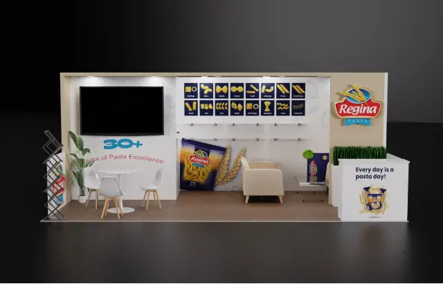 10×20 Inline Booth With Header Frame and Large TV Wall