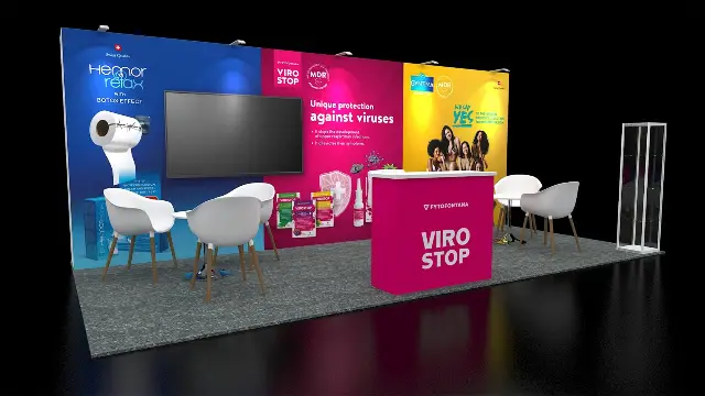 10×20 Inline Booth With Large Screen and Lounge Chair Seating