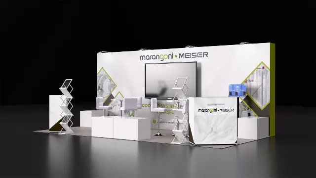 10×20 Inline Booth With Large TV and Equipment Display Plinths